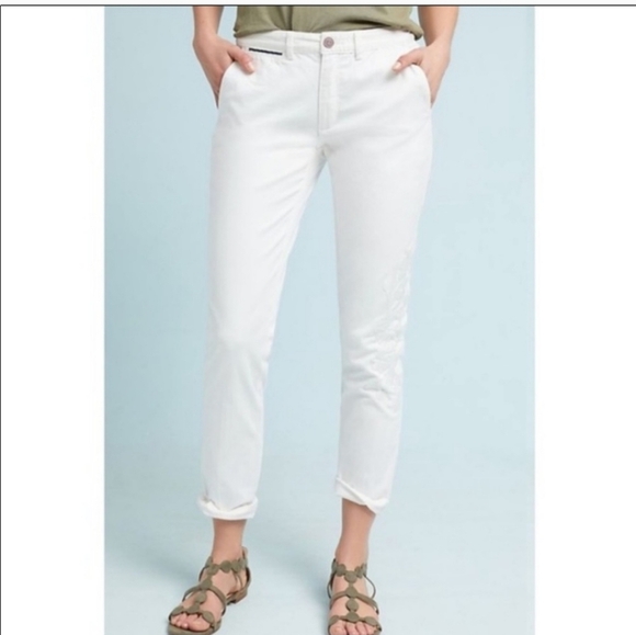 Anthropologie Chino Relaxed White Embroidered Pant - Picture 3 of 11